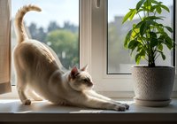 Cream-colored cat stretching on windowsill next to potted plant, looking out at outdoor scenery through glass window on sunny day.