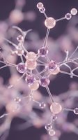 Abstract molecular structure with pink and purple spheres connected by metallic bonds on blurred background for science education and research presentations.
