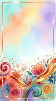 Colorful watercolor gradient background with decorative floral elements, swirls, and gold accents. Isolated design suitable for invitations, greeting cards, posters, and digital projects.