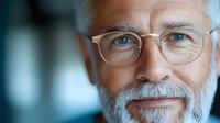 Senior Caucasian male professional with gray beard and glasses smiling warmly at camera. Close-up portrait showing confidence and expertise against blurred background.