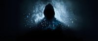 Anonymous hooded figure silhouette surrounded by glowing digital data streams and binary code particles in dark cybersecurity concept for hacker themes.