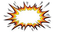 Comic book explosion burst with flames and spikes isolated on white background for graphic design projects and promotional materials.