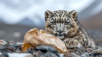 Young snow leopard cub resting on rocky terrain with intense blue eyes and spotted fur pattern, displaying natural hunting behavior in mountain habitat.