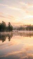 Serene sunrise over misty lake with evergreen forest and lone canoe, peaceful morning landscape for nature and travel projects.