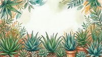 Watercolor frame with aloe vera plants, succulents, and tropical leaves on a light background, copy space in center for text or design.