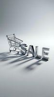 Metallic chrome sale letters with a shiny shopping cart casting dramatic shadows on a light gray background for retail promotions.