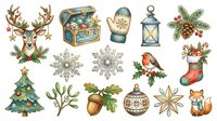 Festive holiday season clipart collection featuring deer head, treasure chest, ornaments, lantern, snowflakes, evergreen branches, Christmas tree, robin, stocking, and fox isolated on white background for design projects.
