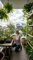 Woman gardening on urban balcony with lush plants, seedlings and hanging ferns creating green oasis in city apartment for sustainable living and home cultivation.