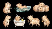 Capybara character set isolated on transparent background, ready for t-shirt design, clipart, stickers, print-on-demand products and sublimation projects.