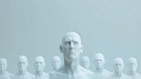 Bald male mannequin heads arranged in rows on light blue background, creating minimalist composition with dramatic lighting and shadows. Conceptual art for identity and conformity.