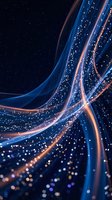 Abstract flowing light streams with blue and orange glowing particles on dark background. Suitable for technology, digital transformation, data flow, and futuristic design projects.