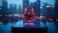 Glowing digital padlock floating over smartphone screen with circuit pattern against blurred city skyline background, representing cybersecurity and data protection.
