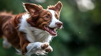 Border Collie dog running outdoors with happy expression, motion captured against blurred green background, showcasing energy and playful nature.