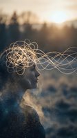 Surreal portrait of woman with glowing light trails forming abstract patterns around head representing creativity, imagination and mental energy flow.