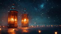 Traditional oriental lanterns glowing with warm light against starry night sky background, creating magical atmosphere for Ramadan and holiday celebrations.