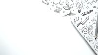 Business growth concept with hand-drawn doodles including lightbulb, gears, arrows and growth text on white background with copy space for design projects.