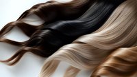 Flowing hair strands in various shades from black to blonde showcasing natural color transitions and silky texture for beauty and haircare concepts.
