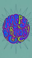 Happy Birthday text in vibrant neon colors of blue, purple, and lime green with decorative swirls and radiating lines on turquoise background, isolated for greeting cards and celebrations.