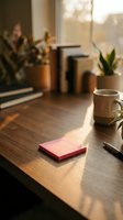 Cozy workspace with pink sticky notes, coffee mug and plants on wooden desk bathed in warm natural sunlight for productivity and organization.