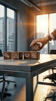 Business professional arranging wooden blocks with corporate icons on office desk during golden hour for strategic planning and organizational development.