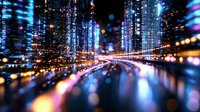 Abstract urban night cityscape with motion blur effect and light trails, glowing blue and orange bokeh lights reflecting on water surface creating dynamic perspective.