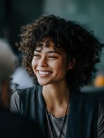 Young woman with curly hair smiling brightly during conversation in cafe, showcasing genuine happiness and connection.