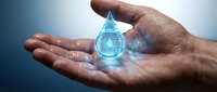 Hands holding glowing blue water droplet with digital circuit pattern, representing clean technology, sustainability, and innovation in water management and environmental conservation.