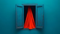 Red flowing curtain billowing through rustic turquoise wooden window shutters against teal wall, creating dramatic contrast and mysterious atmosphere.