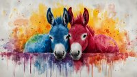 Two colorful donkey heads in watercolor style against vibrant rainbow background with paint drips and splatters, artistic animal portrait showing friendship and unity.