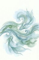 Watercolor ocean waves with flowing seaweed in soft blue and green tones on white background for coastal decor and marine themed designs.
