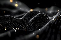 Abstract digital wave pattern with glowing particles and bokeh lights on dark background creating futuristic technological landscape effect.