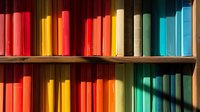Colorful books arranged by spectrum colors on wooden shelves creating rainbow pattern. Spines of books in red, yellow, orange and turquoise shades cast subtle shadows.