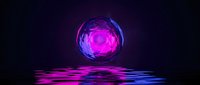 Glowing neon sphere with magenta and blue energy reflecting on rippling water surface against dark background for digital art and design projects.