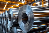 Steel coils in industrial warehouse with selective focus on rolled metal sheet in foreground, dramatic lighting highlights metallic surface texture.