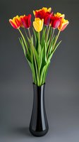 Vibrant red and yellow tulips arranged in tall black glass vase against dark background. Fresh spring flowers with green stems create elegant floral display for home decor.