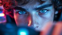 Close up portrait of young male face with intense blue eyes illuminated by dramatic red and blue neon lighting creating mysterious atmospheric mood.