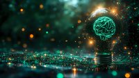 Glowing brain shaped light bulb floating over digital circuit landscape with magical sparkles and bokeh lights in turquoise and orange colors against dark background.