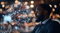 African American businessman in suit smiling with magical sparkles and bokeh lights creating ethereal atmosphere. Elegant celebration setting with champagne glass and festive mood.