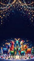 Colorful reindeer characters gather under glowing string lights and falling sparkles against a dark night sky, creating a festive holiday celebration scene for seasonal greeting cards and decorations.