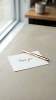 Handwritten thank you note with rose gold pen on white card lying on modern desk surface near window for gratitude expression and correspondence.