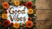 Good vibes text made from twigs surrounded by orange roses and dahlias on rustic wooden background. Autumn floral arrangement with positive message.