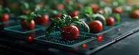 Fresh ripe cherry tomatoes and basil leaves scattered on dark keyboard, creative food photography concept with dramatic lighting and shallow depth of field.