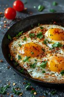 Sunny side up eggs with vibrant yolks in cast iron skillet garnished with fresh parsley, red pepper flakes and cherry tomatoes on dark background. Food photography.