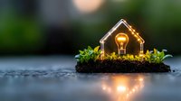 Miniature glowing house with light bulb on soil patch surrounded by tiny green plants, creating magical atmosphere with bokeh reflection on wet surface.