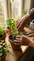 Senior man hands planting herbs in terracotta pots on wooden windowsill with natural sunlight streaming through window for indoor gardening hobby.