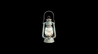 Vintage kerosene lantern with weathered turquoise metal finish and glowing flame, isolated on transparent background. Ready for t-shirt designs, clipart, stickers, and print-on-demand products.