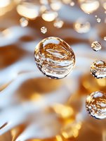 Macro shot of water droplets suspended in air with golden light reflections creating a luxurious atmosphere for wellness and cosmetic advertising.
