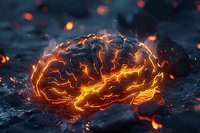 Glowing orange brain shape with electric lightning effects on dark textured surface with floating particles and embers, symbolizing mind power and intelligence.