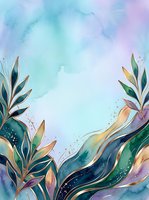 Watercolor botanical illustration with flowing leaves and gold accents on soft pastel background. Artistic design suitable for wall art, greeting cards, and home decor projects.