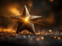 Golden glittering star decoration with light rays on dark background with bokeh effect, festive holiday celebration concept.